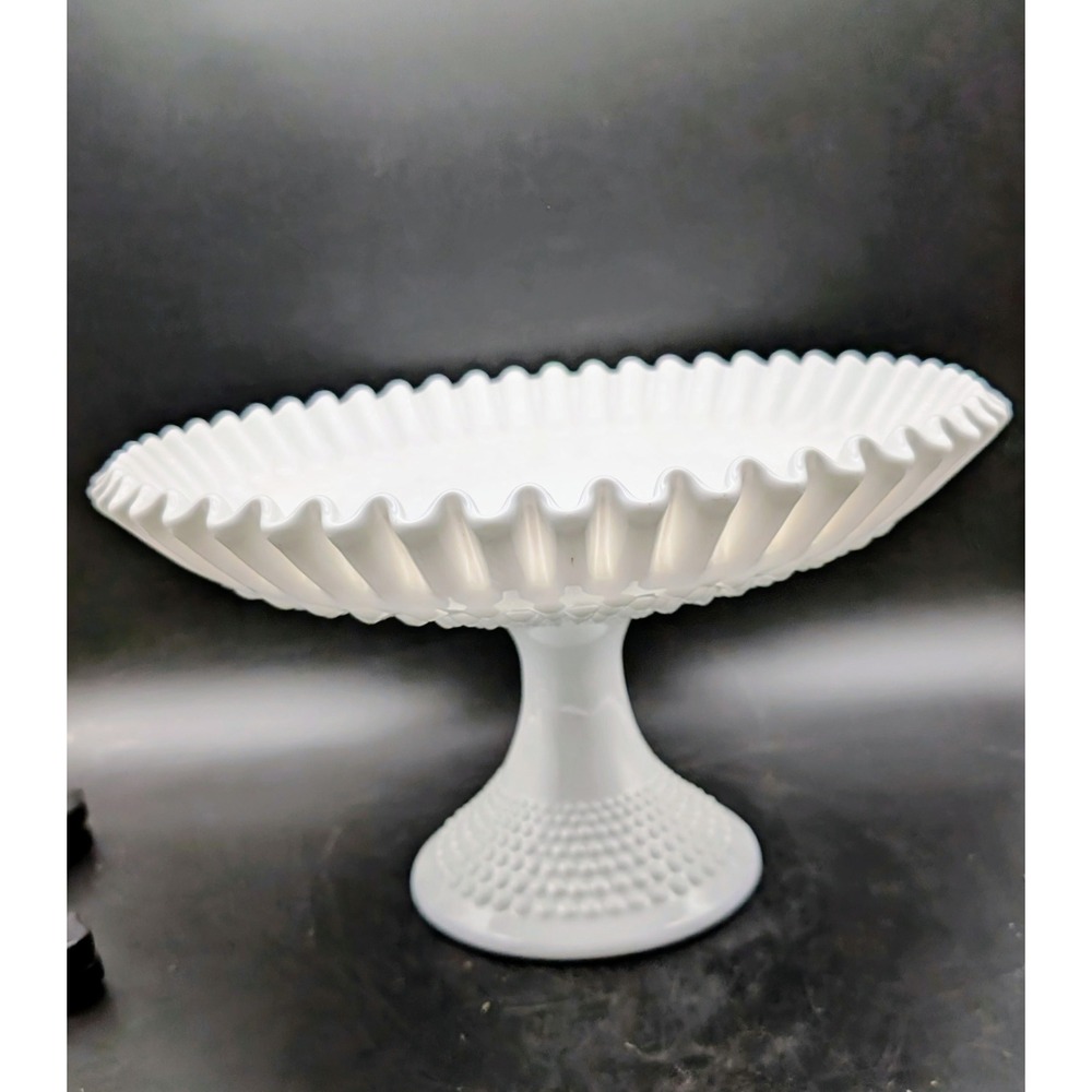 Fenton White‎ Milk Glass Hobnail Pedestal Compote Bowl Crimped Ruffle Edge